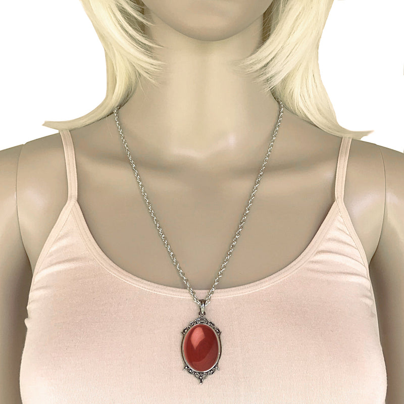 Antique Silver Red Jasper Gemstone Cabochon Pendant on Fancy Rope Chain Necklace, 24