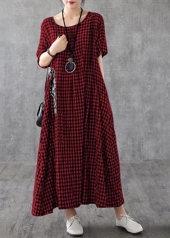 Blue Plaid Linen Dresses Summer Cotton Dress
