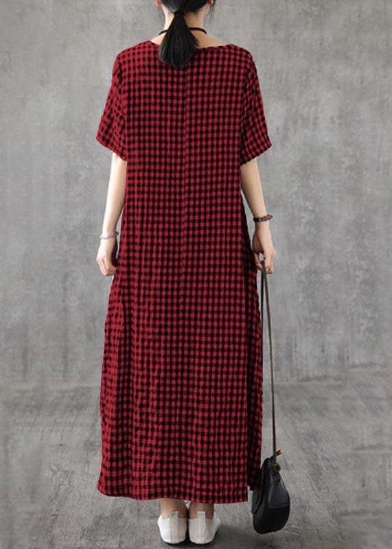 Red Plaid Linen Dresses Summer Long Cotton Dress Maxi Gown