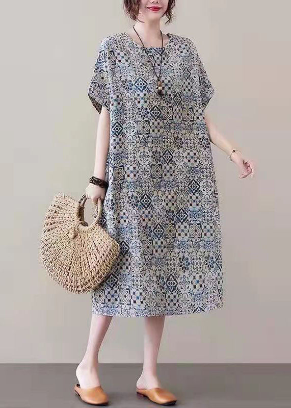 Red Prints Linen Shift Dresses Side Open V Neck Linen Dresses