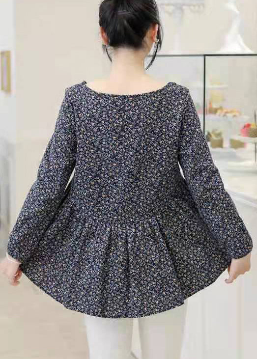 Retro Navy O-neck Print Loose Cotton Top Long Sleeve