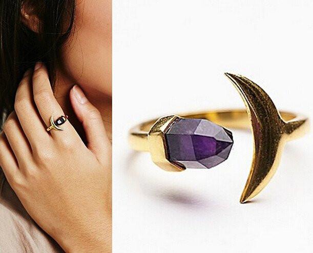 Crescent Moon & Purple Crystal Wrap Ring