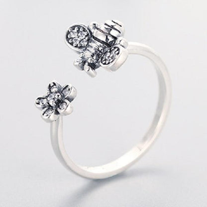 Flower & Bee Sterling Silver Open Ring