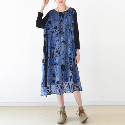 Royal Blue Spring Dresses Plum Flowers Print Chiffon Dress Long Maxi Dresses Layered