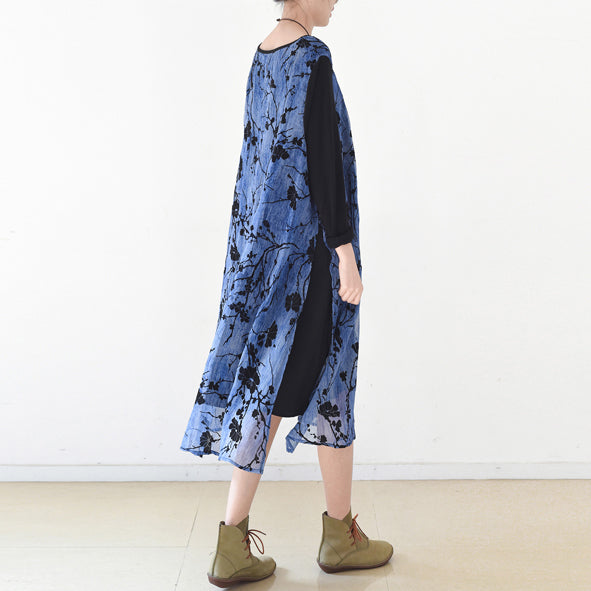 Royal Blue Spring Dresses Plum Flowers Print Chiffon Dress Long Maxi Dresses Layered
