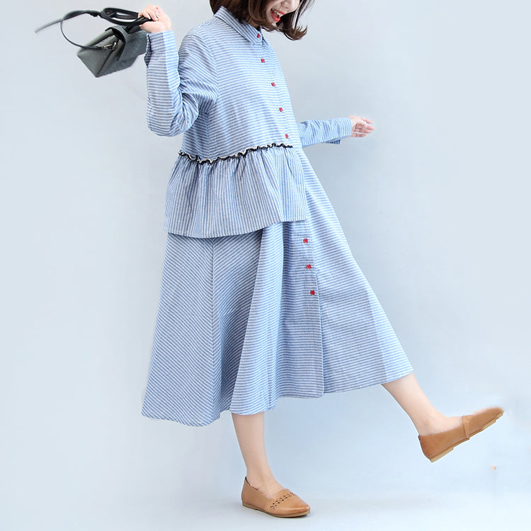 Ruffles Blue White Striped Cotton Dresses