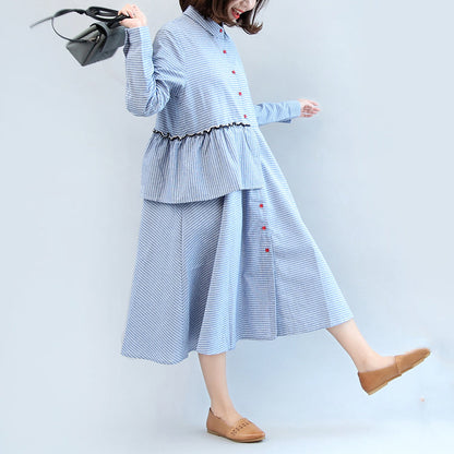 Ruffles Blue White Striped Cotton Dresses