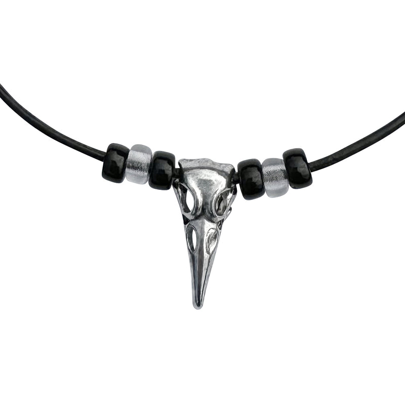 Silver Raven Skull on Beaded Fine Black Leather Necklace Cord - 16