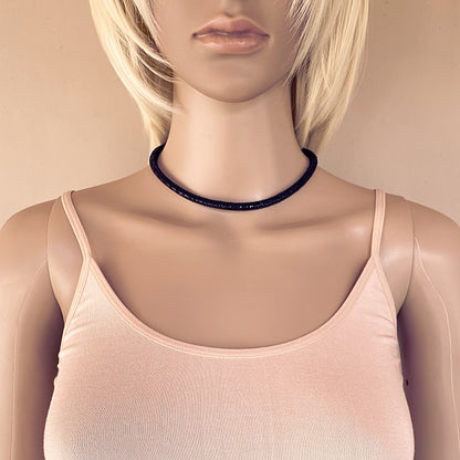 Black Leather Sparkly Snakeskin Choker Necklace With Silver Extender Chain & Swarovski Crystal