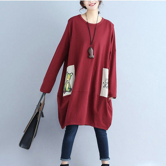 Cotton Pockets Prints Burgundy Dresses Oversize O Neck Mid Dress