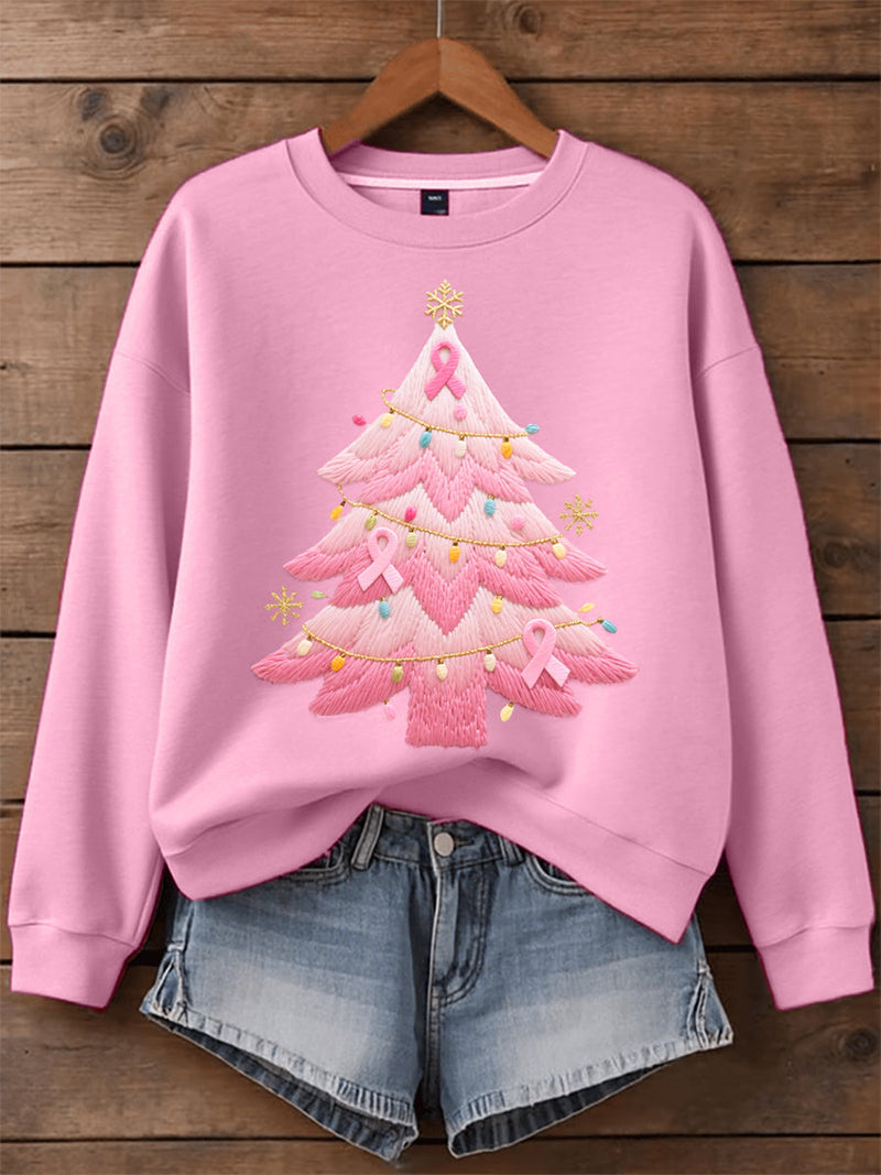 Women's Sweatshirt with Embroidered Christmas Tree in Pink