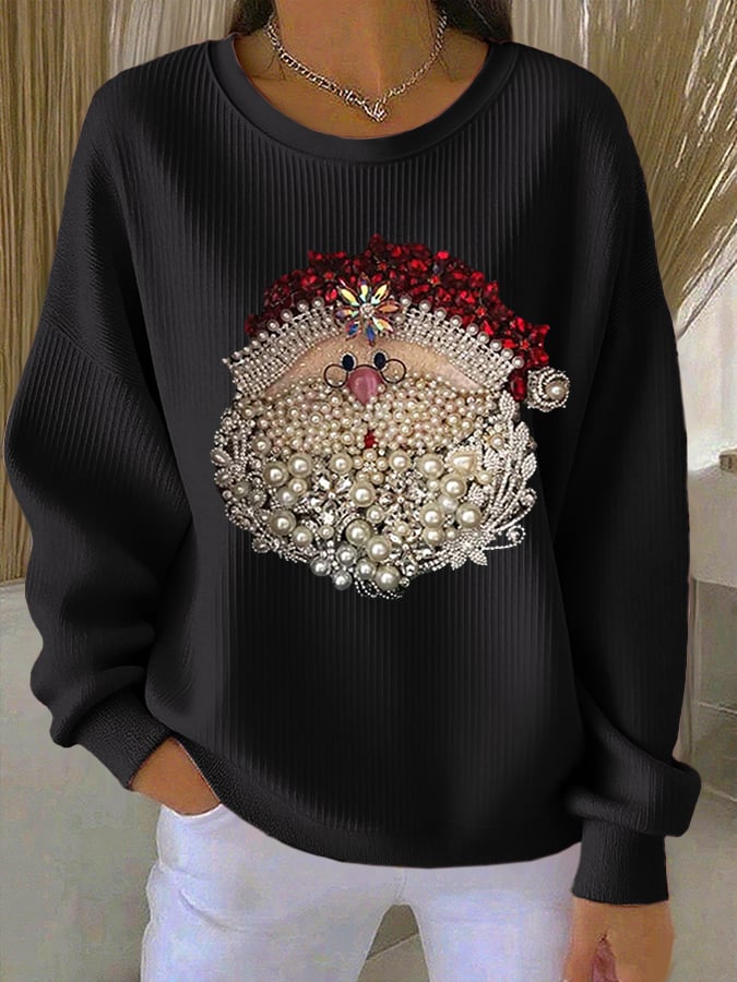 Women's Santa Claus Printed Ribbed Crew Neck Sweatshirt