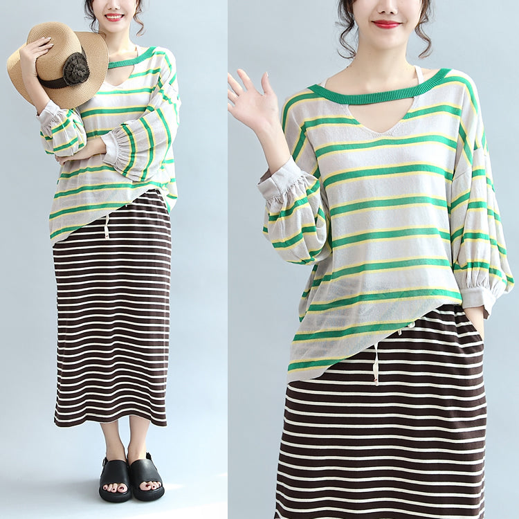 Spring Green Striped Cotton Tops Lantern Sleeve T Shirt
