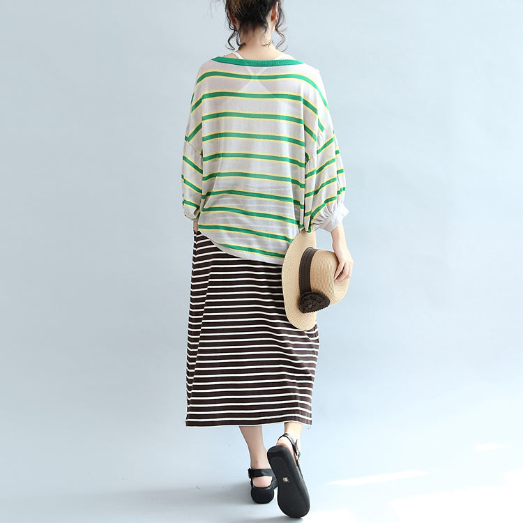 Spring Green Striped Cotton Tops Lantern Sleeve T Shirt