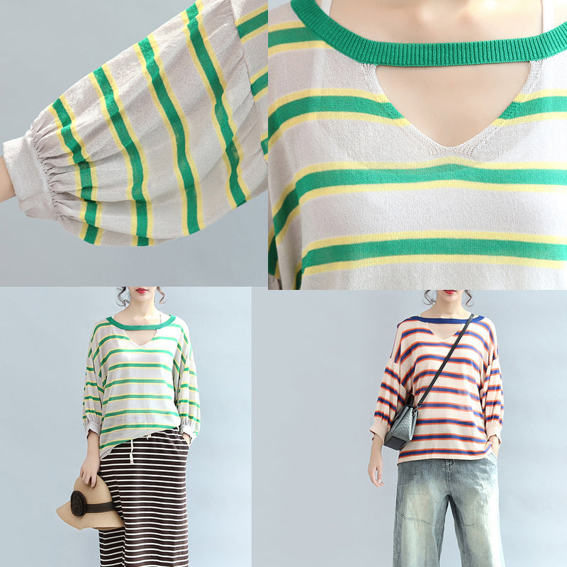 Spring Green Striped Cotton Tops Lantern Sleeve T Shirt