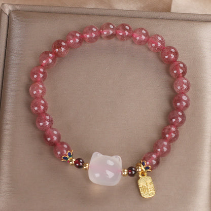 Strawberry Quartz White Jade Cat Fu Healing Bracelet