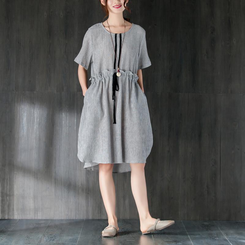 Stylish Midi Cotton Dresses Loose Fitting Gray Summer Dress With Ruffles and Ribbon