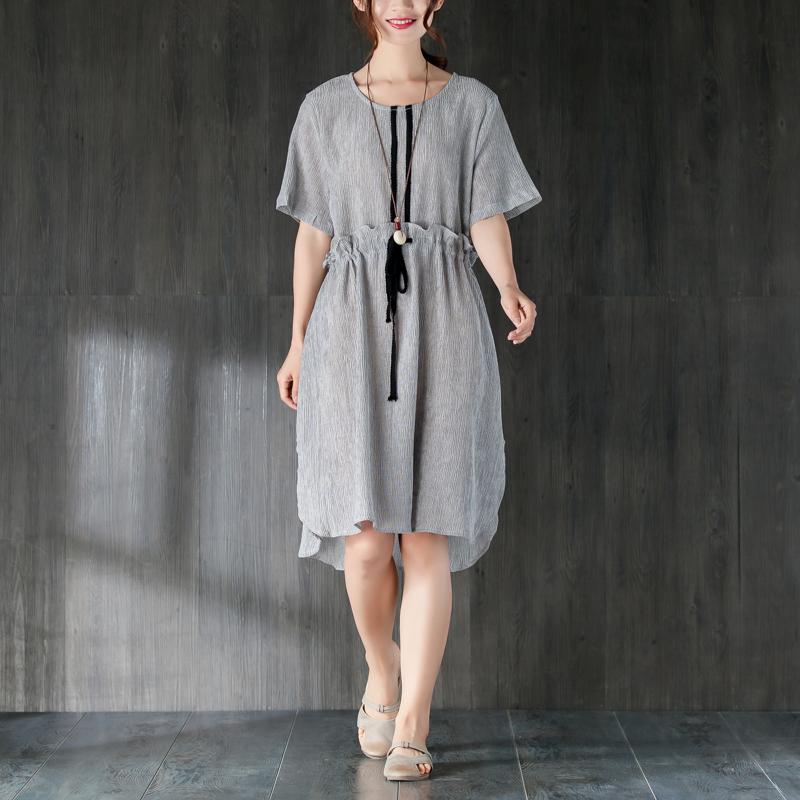Stylish Midi Cotton Dresses Loose Fitting Gray Summer Dress With Ruffles and Ribbon