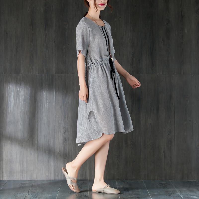 Stylish Midi Cotton Dresses Loose Fitting Gray Summer Dress With Ruffles and Ribbon