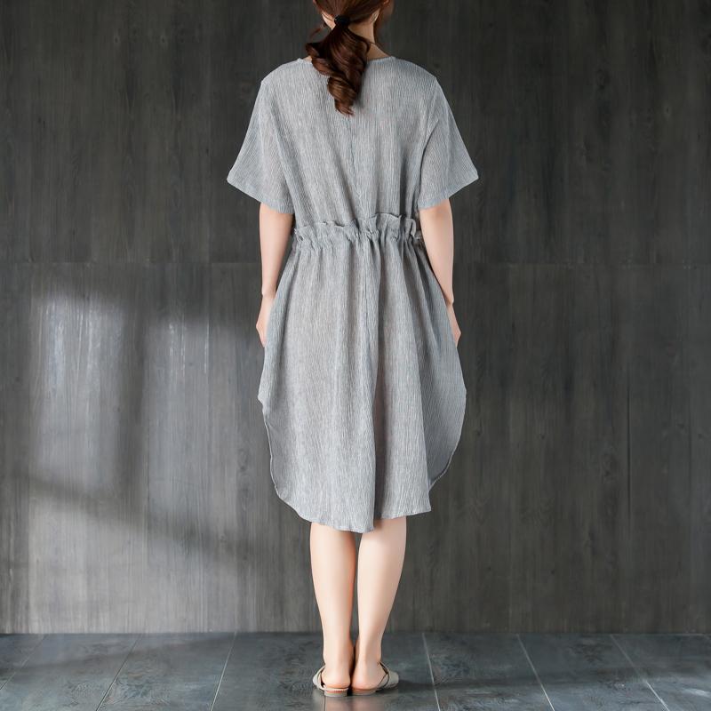 Stylish Midi Cotton Dresses Loose Fitting Gray Summer Dress With Ruffles and Ribbon