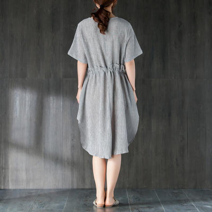 Stylish Midi Cotton Dresses Loose Fitting Gray Summer Dress With Ruffles and Ribbon