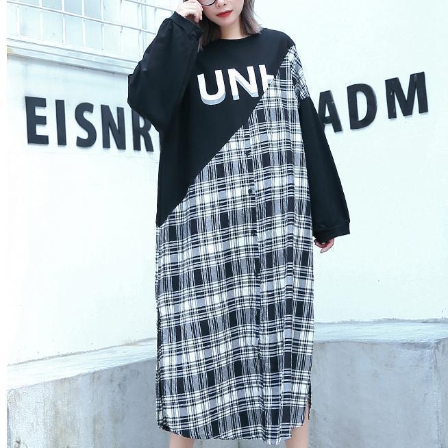Stylish Black Plaid Patchwork Cotton Blended Dresses O Neck Caftans Side Open Baggy Dresses