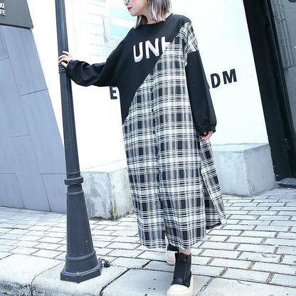 Stylish Black Plaid Patchwork Cotton Blended Dresses O Neck Caftans Side Open Baggy Dresses