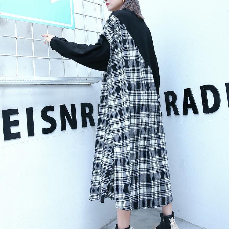 Stylish Black Plaid Patchwork Cotton Blended Dresses O Neck Caftans Side Open Baggy Dresses
