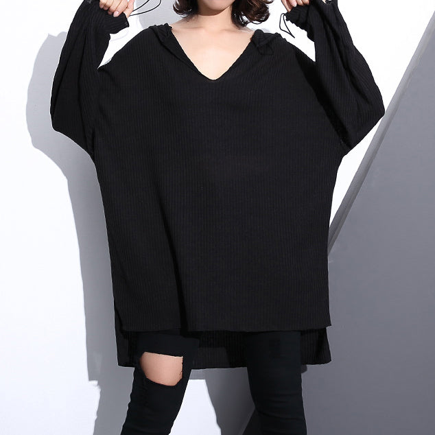 Stylish Black Cotton Blended Oversized Hooded Baggy Clothing Tops Long Sleeve Asymmetrical Design Cotton Clothing