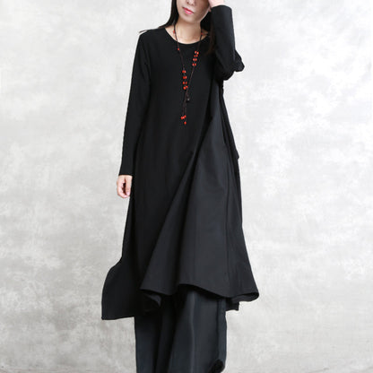 Stylish Black Cotton Blended Side Open Dresses O Neck Pockets New Long Sleeve Asymmetric Baggy Dresses