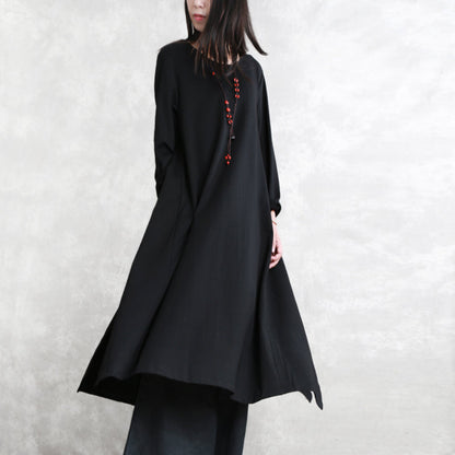 Stylish Black Cotton Blended Side Open Dresses O Neck Pockets New Long Sleeve Asymmetric Baggy Dresses