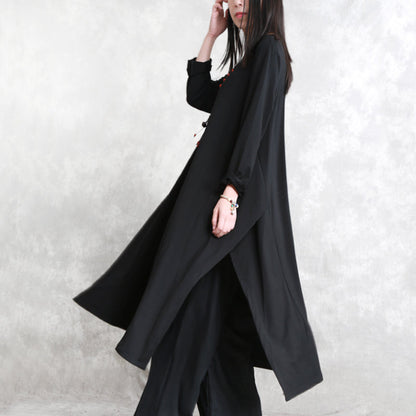 Stylish Black Cotton Blended Side Open Dresses O Neck Pockets New Long Sleeve Asymmetric Baggy Dresses