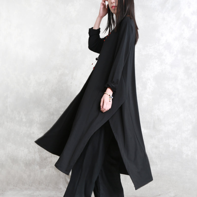Stylish Black Cotton Blended Side Open Dresses O Neck Pockets New Long Sleeve Asymmetric Baggy Dresses