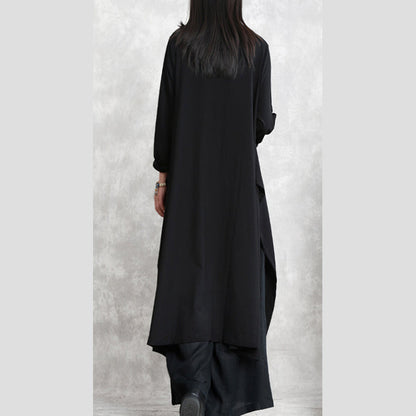 Stylish Black Cotton Blended Side Open Dresses O Neck Pockets New Long Sleeve Asymmetric Baggy Dresses
