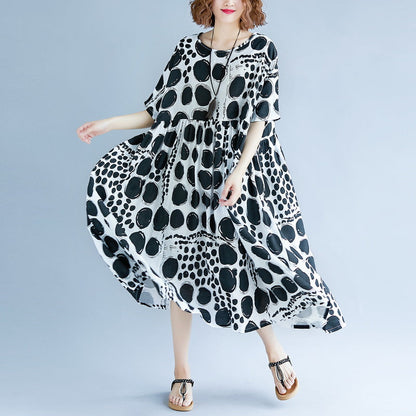 Stylish Black Cotton Linen Maxi Dress Oversized Short Sleeve Print Baggy Dresses Cotton Gown V Neck Traveling Clothing