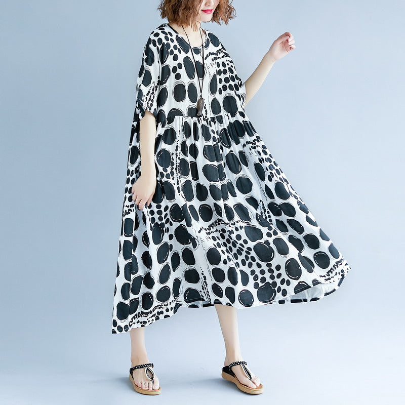 Stylish Black Cotton Linen Maxi Dress Oversized Short Sleeve Print Baggy Dresses Cotton Gown V Neck Traveling Clothing