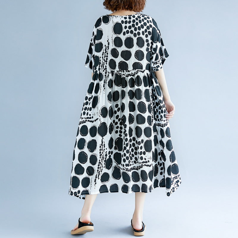 Stylish Black Cotton Linen Maxi Dress Oversized Short Sleeve Print Baggy Dresses Cotton Gown V Neck Traveling Clothing