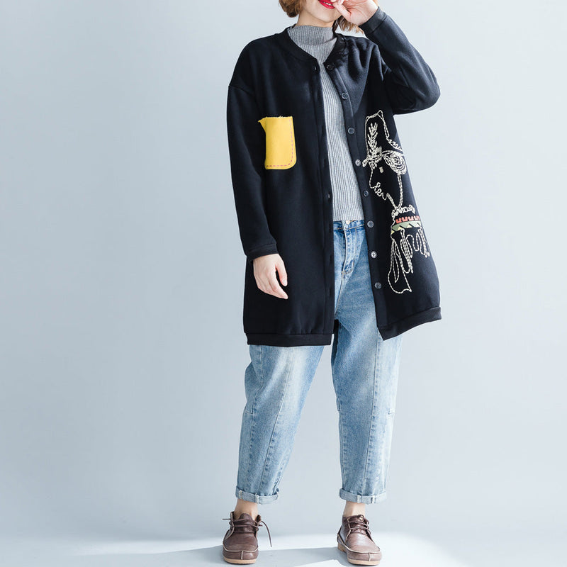 Stylish Black Cotton Tops Oversize Cotton O Neck Natural Pullover Print Button Down T Shirt