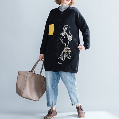 Stylish Black Cotton Tops Oversize Cotton O Neck Natural Pullover Print Button Down T Shirt