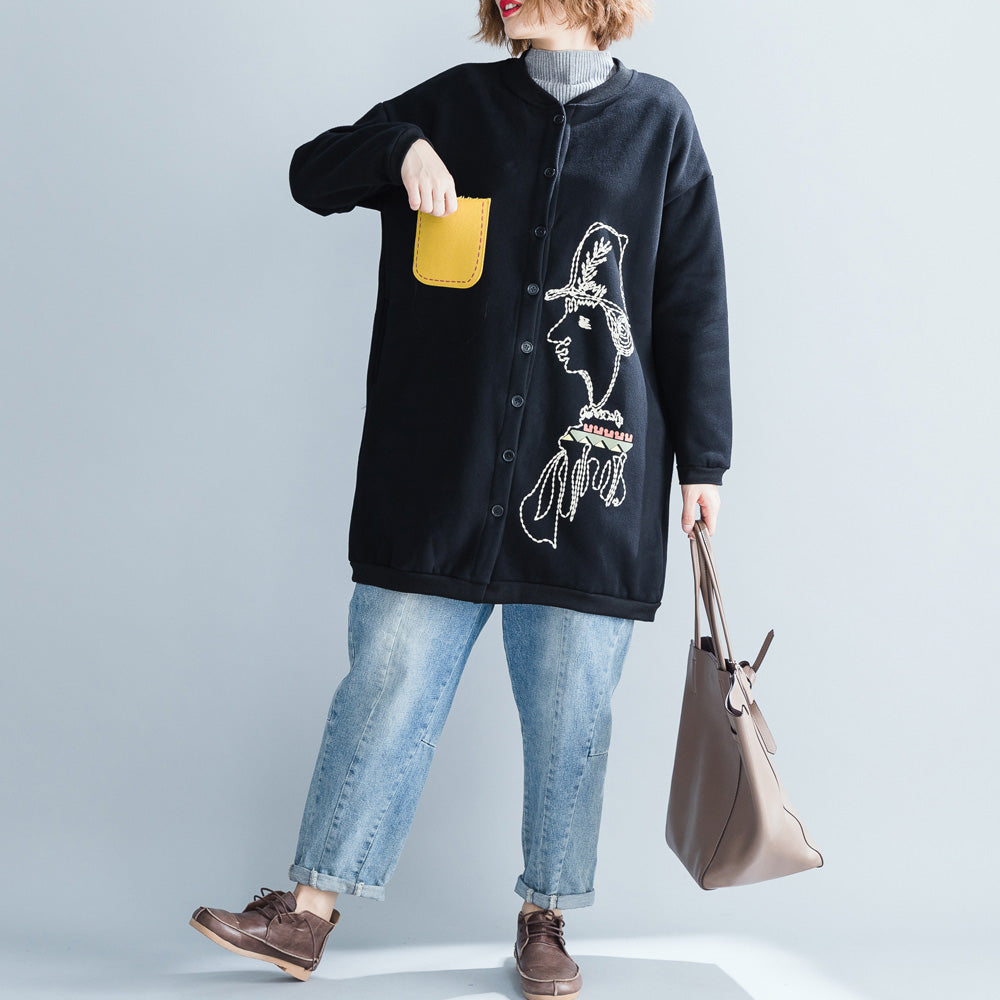 Stylish Black Cotton Tops Oversize Cotton O Neck Natural Pullover Print Button Down T Shirt