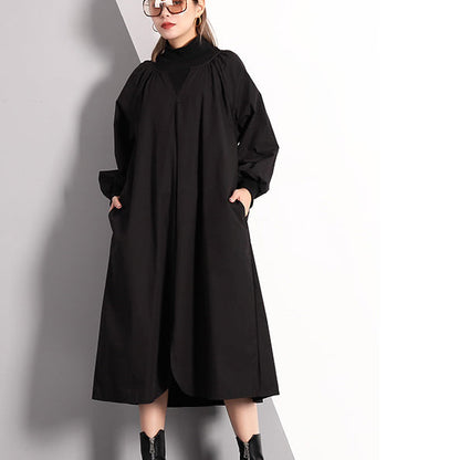 Stylish Black Fall Dress Clothing Turtleneck Cotton Blended Maxi Dress Front Side Open False Two Pieces Cotton Blended Caftans
