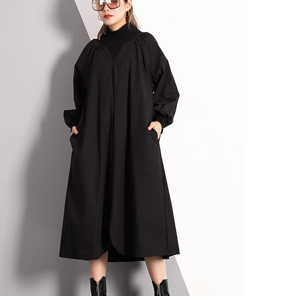 Stylish Black Fall Dress Clothing Turtleneck Cotton Blended Maxi Dress Front Side Open False Two Pieces Cotton Blended Caftans