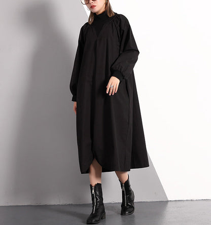 Stylish Black Fall Dress Clothing Turtleneck Cotton Blended Maxi Dress Front Side Open False Two Pieces Cotton Blended Caftans