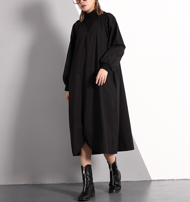 Stylish Black Fall Dress Clothing Turtleneck Cotton Blended Maxi Dress Front Side Open False Two Pieces Cotton Blended Caftans