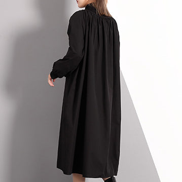 Stylish Black Fall Dress Clothing Turtleneck Cotton Blended Maxi Dress Front Side Open False Two Pieces Cotton Blended Caftans