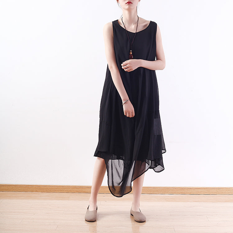 Stylish Black Natural Chiffon Dress Asymmetric Hem Chiffon Sleeveless Dresses