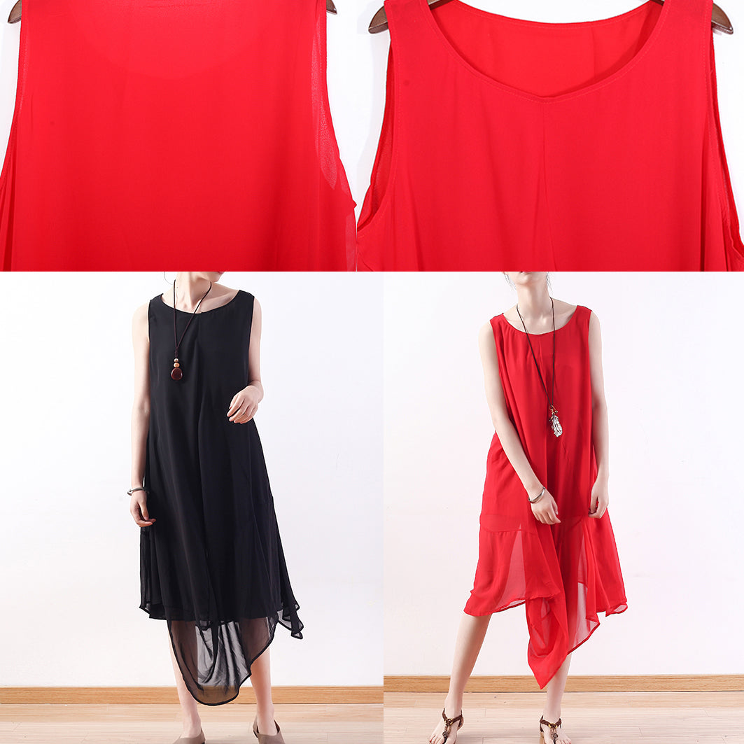 Stylish Black Natural Chiffon Dress Asymmetric Hem Chiffon Sleeveless Dresses