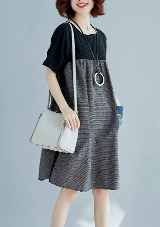 Stylish Black Natural Cotton Linen Dress Loose Fitting Short Sleeve Pockets Holiday Dresses O Neck Patchwork Cotton Linen Dresses