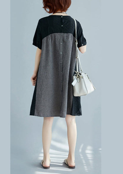 Stylish Black Natural Cotton Linen Dress Loose Fitting Short Sleeve Pockets Holiday Dresses O Neck Patchwork Cotton Linen Dresses
