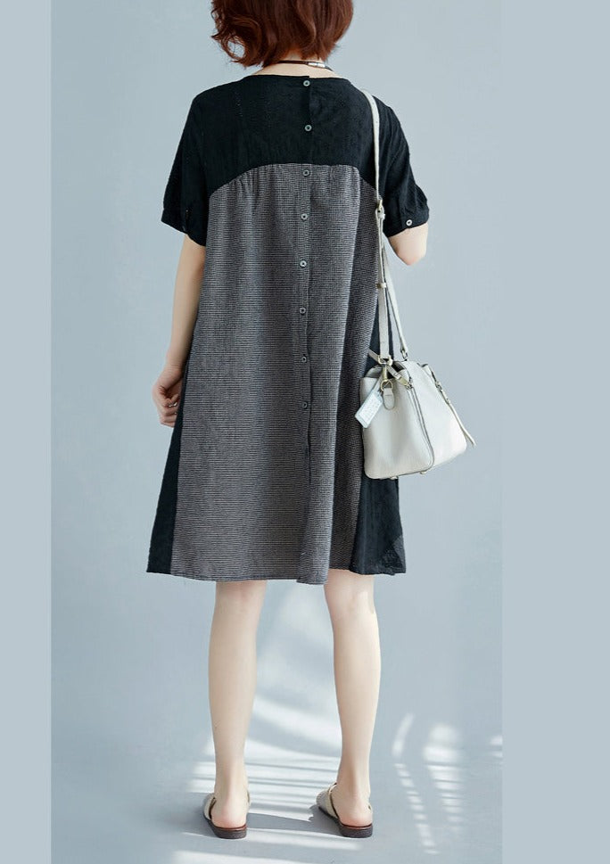 Stylish Black Natural Cotton Linen Dress Loose Fitting Short Sleeve Pockets Holiday Dresses O Neck Patchwork Cotton Linen Dresses
